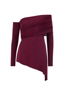 Jersey One-Shoulder Draped Top in Garnet
