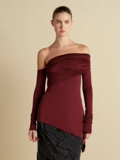 Jersey One-Shoulder Draped Top in Garnet