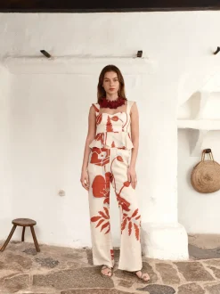 Joao Linen Pants in Ecru & Orange Gladiolos