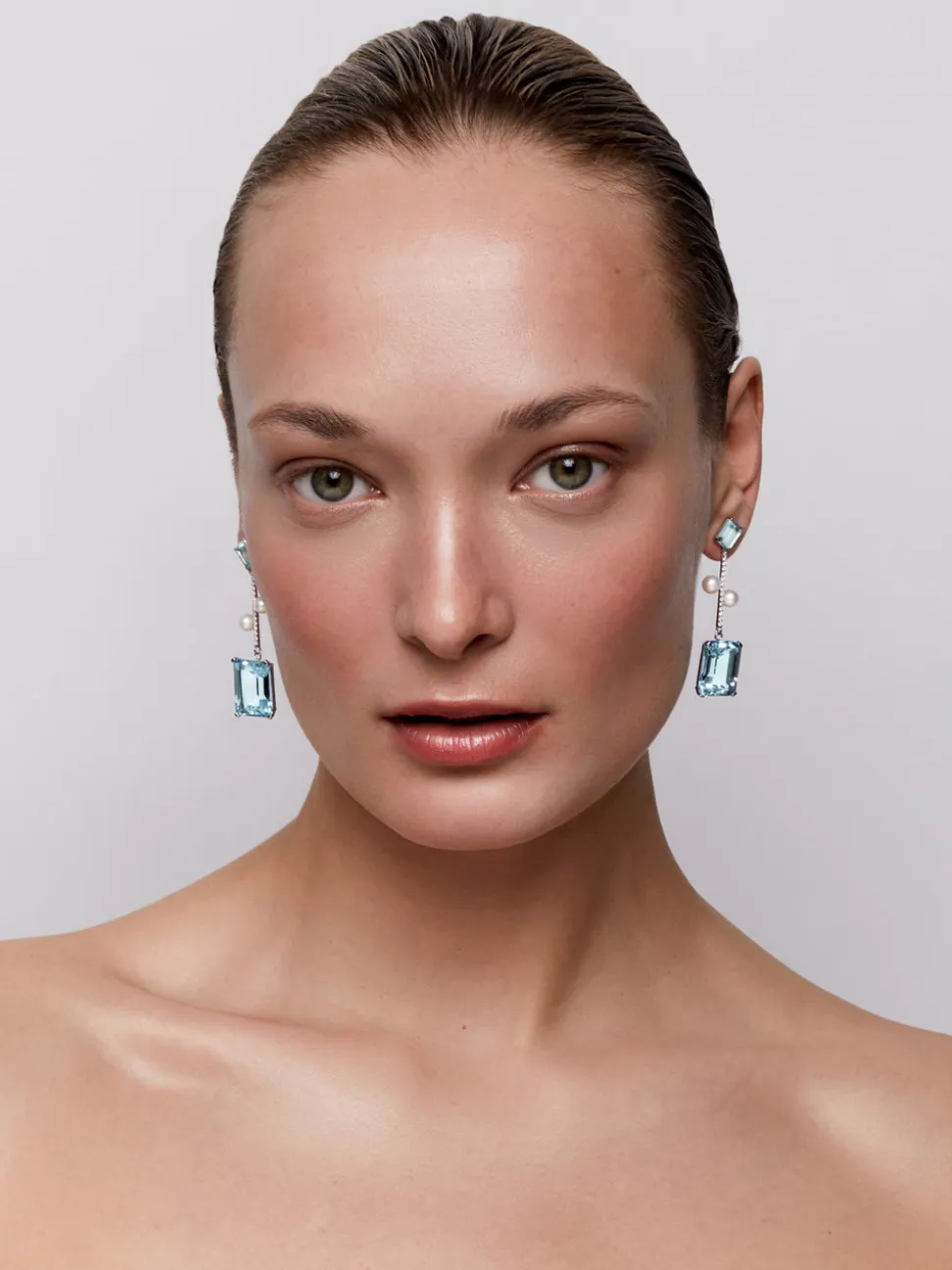 14K Aquamarine, Blue Topaz, and Pearl Statement Earring
