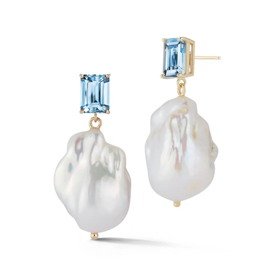 14K Blue Topaz and Baroque Pearl Drop Earrings