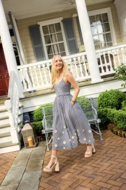 Katherine Dress in Navy Gingham with Cream Crochet Applique