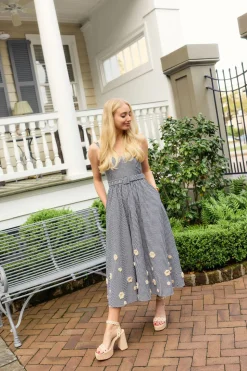 Katherine Dress in Navy Gingham with Cream Crochet Applique