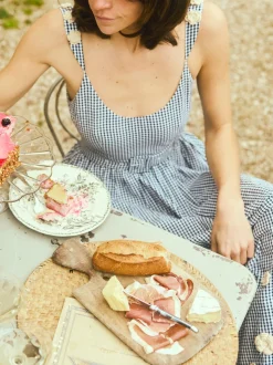 Katherine Dress in Navy Gingham with Cream Crochet Applique