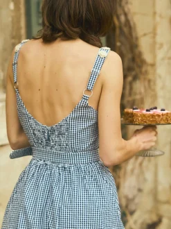 Katherine Dress in Navy Gingham with Cream Crochet Applique