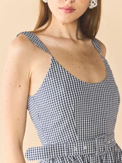Katherine Dress in Navy Gingham with Cream Crochet Applique