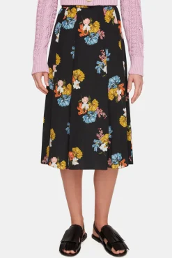 Kenzie Skirt In Retro Bouquet On Black Silk Crepe De Chine