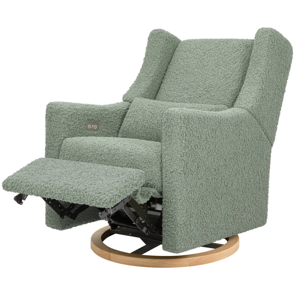 Kiwi Electronic Recliner and Swivel Glider with USB port in Sage Teddy Loop with Light Wood Base