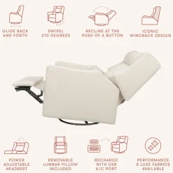 Kiwi Plus Power Recliner and Swivel Glider with Power Adjustable Headrest and USB Port in Performance Ivory Boucle