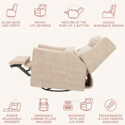 Kiwi Plus Power Recliner and Swivel Glider with Power Adjustable Headrest and USB Port in Chai Shearling
