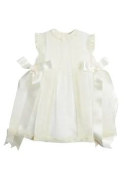 Lace Trim Fine Pleated Dress in Ivory