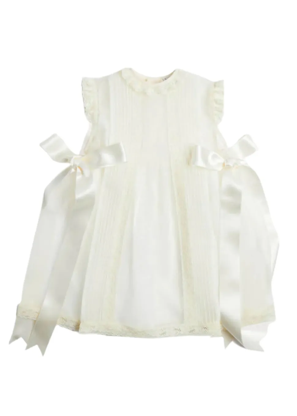 Lace Trim Fine Pleated Dress in Ivory