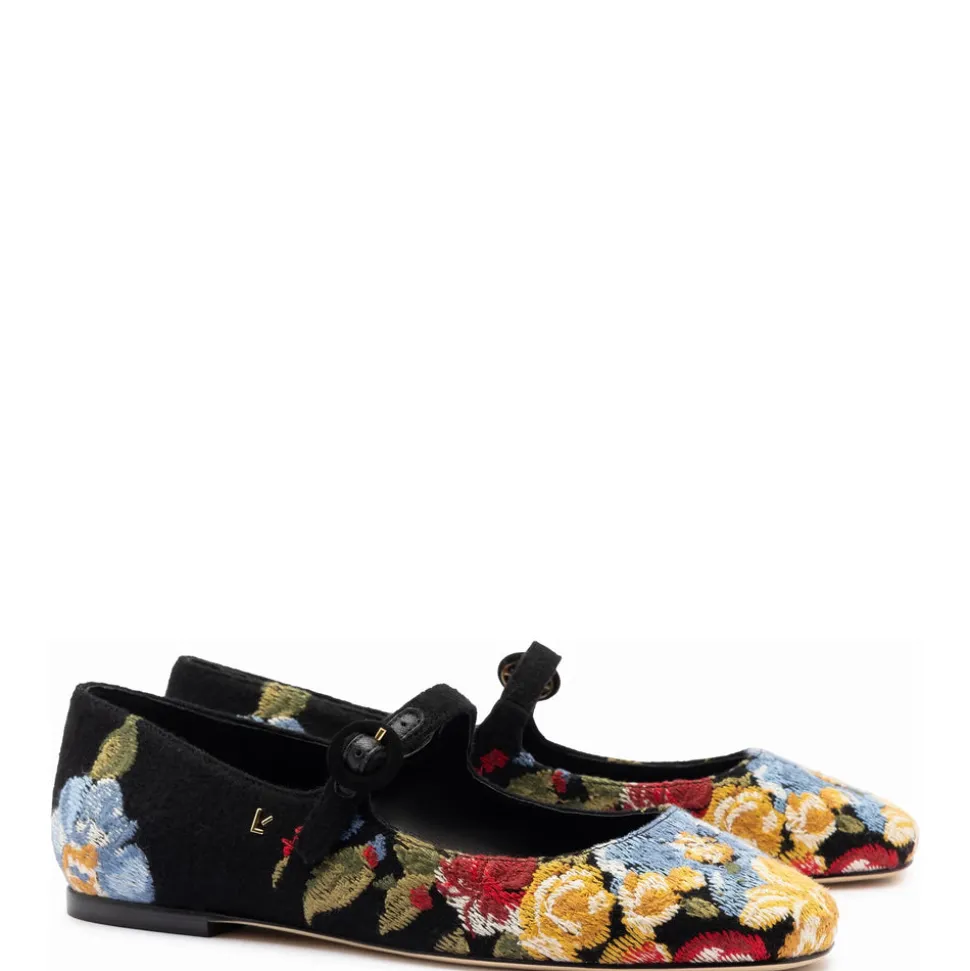 Larroudé x Markarian Flat In Floral Wool and Black Embroidery