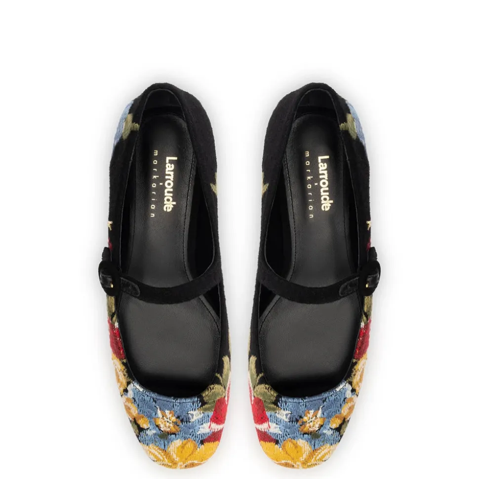 Larroudé x Markarian Flat In Floral Wool and Black Embroidery