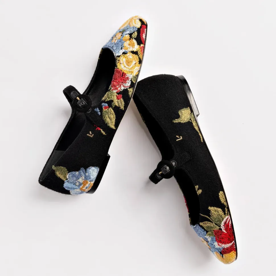 Larroudé x Markarian Flat In Floral Wool and Black Embroidery