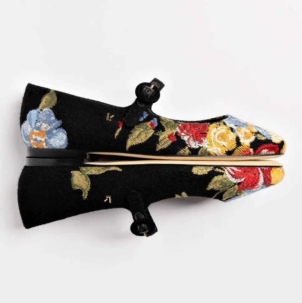 Larroudé x Markarian Flat In Floral Wool and Black Embroidery