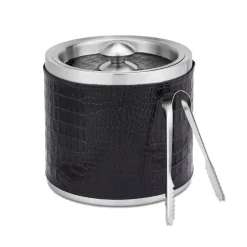 Leather Ice Bucket with Tongs in Crocodile Embossed Leather