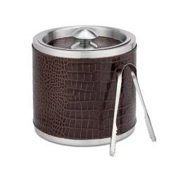 Leather Ice Bucket with Tongs in Crocodile Embossed Leather
