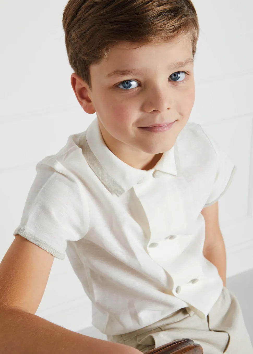 Linen Boys Celebration Shirt in White with Beige Piping
