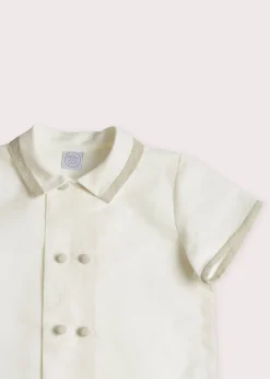 Linen Boys Celebration Shirt in White with Beige Piping
