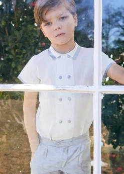 Linen Boys Celebration Shirt in White with Blue Silk piping