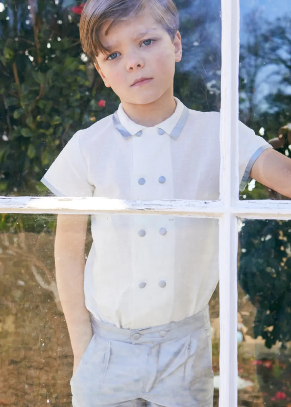 Linen Boys Celebration Shirt in White with Blue Silk piping
