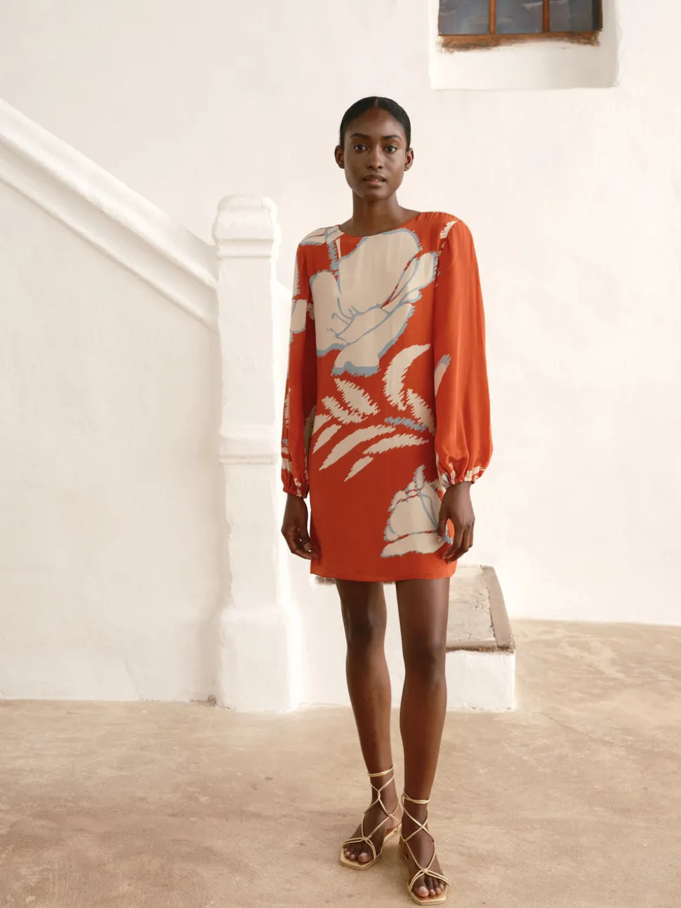 Lisboa Crepe Chine Mini Dress in Orange Gladiolos