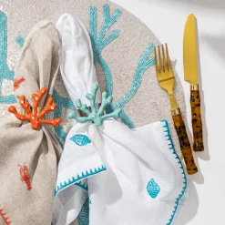 Lobster Embroidered DInner Napkins in Flax, Set of Two