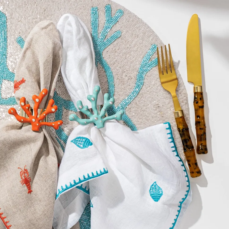 Lobster Embroidered DInner Napkins in Flax, Set of Two