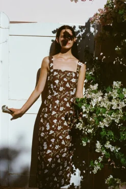 Long Slip Dress in Brown Hibiscus