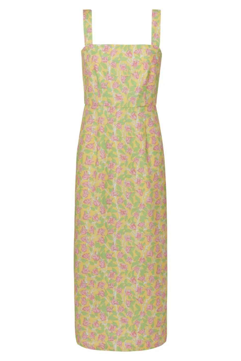 Long Slip Dress in Yellow with Pink Bougainvillea