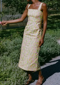 Long Slip Dress in Yellow with Pink Bougainvillea