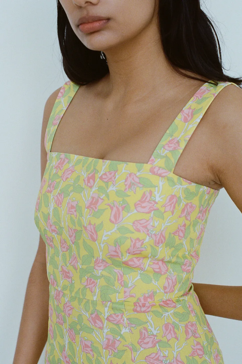 Long Slip Dress in Yellow with Pink Bougainvillea