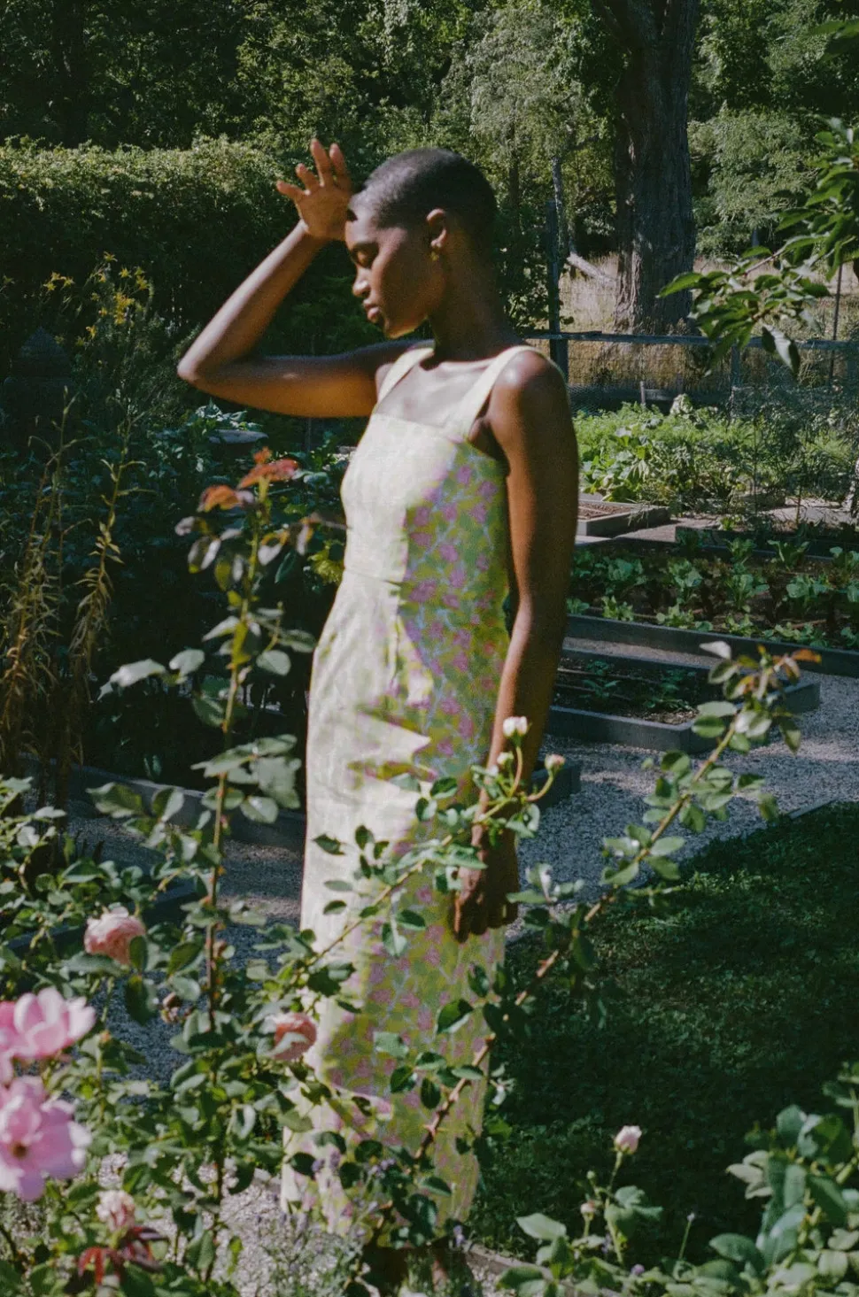 Long Slip Dress in Yellow with Pink Bougainvillea