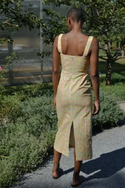 Long Slip Dress in Yellow with Pink Bougainvillea