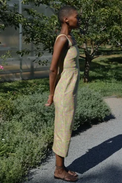 Long Slip Dress in Yellow with Pink Bougainvillea