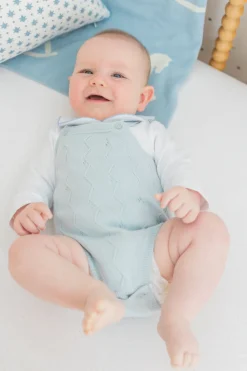 Long-Sleeve Pinpoint Onesie in Blue Rocking Horse