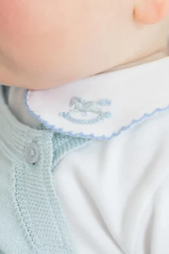 Long-Sleeve Pinpoint Onesie in Blue Rocking Horse