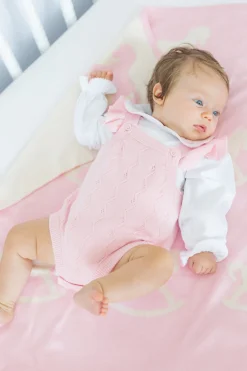 Long-Sleeve Pinpoint Onesie in Pink Rocking Horse