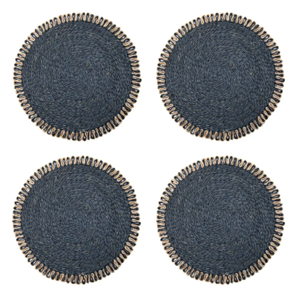 Loopy Abaca 15" Round Placemat in Navy & Natural, Set of 4