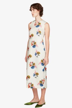 Ludie Dress In Retro Bouquet On White Taffeta Faille