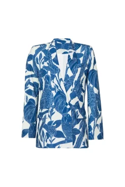 Marcela Tailored Jacket Suit in Canario Blue Print