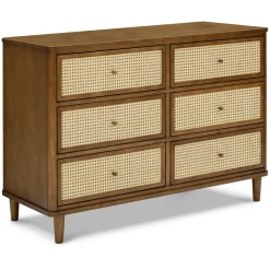 Marin with Cane 6 Drawer Assembled Dresser in Natural Walnut & Blonde Cane