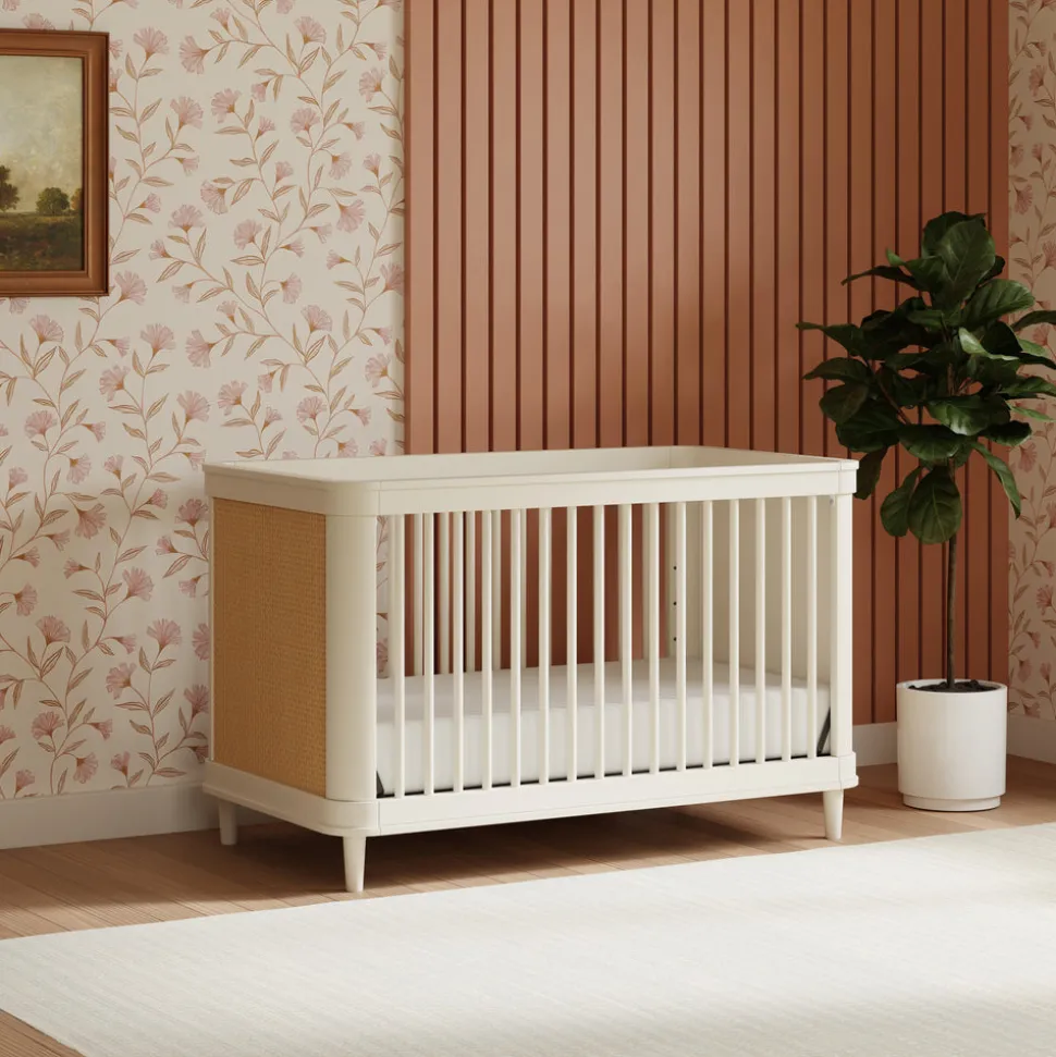 Marin with Cane 3-in-1 Convertible Crib in Warm White & Honey Cane