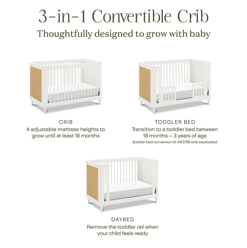 Marin with Cane 3-in-1 Convertible Crib in Warm White & Honey Cane