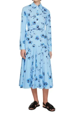 Marion Dress In Blue Poppies On Baby Pink Bibione Cotton