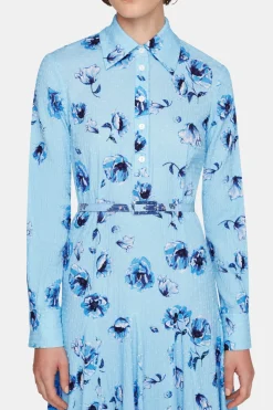 Marion Dress In Blue Poppies On Baby Pink Bibione Cotton
