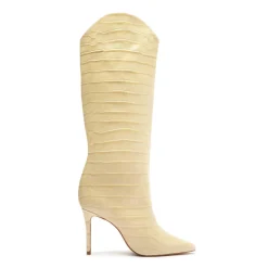 Maryana Wide Crocodile-Embossed Leather Boot in Beige