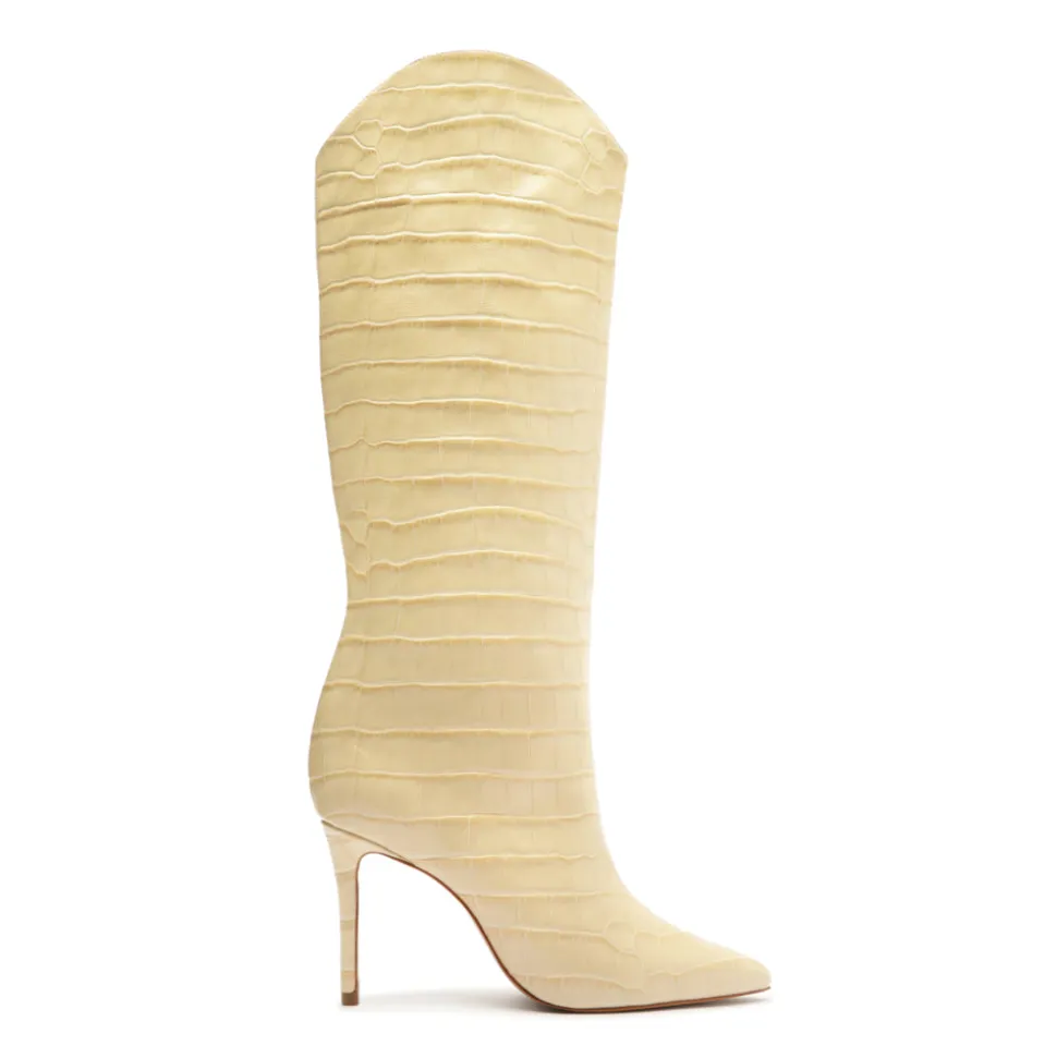 Maryana Wide Crocodile-Embossed Leather Boot in Beige