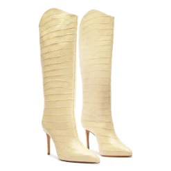 Maryana Wide Crocodile-Embossed Leather Boot in Beige
